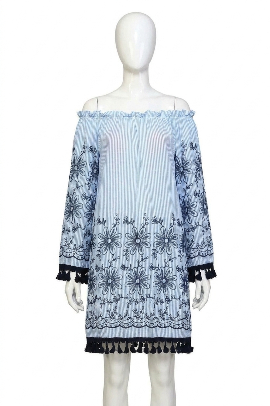 NEW VELZERA embroidered off the shoulder tassel mini dress in blue